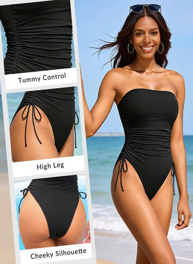 Yonique Women Strapless One Piece Swimsuit Tummy Control Bandeau Bathing Suit Cheeky Swimwear Black M - Image 5